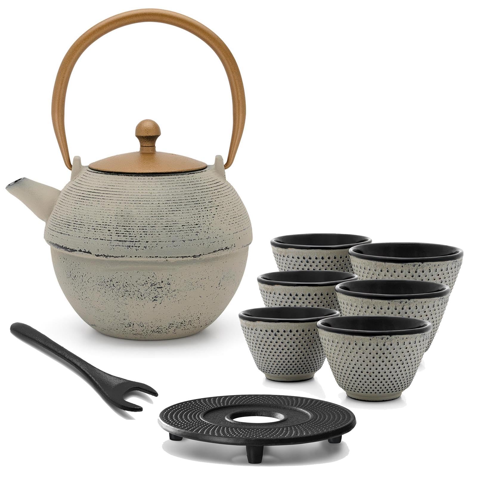 Bredemeijer Gusseisen Teekanne Set Induktion1.2 Liter - graue Gusskanne asiatisch & Edelstahl Tee-Filter Sieb-Einsatz für losen Tee & Teebecher (6 Tassen) & Deckelheber & Untersetzer