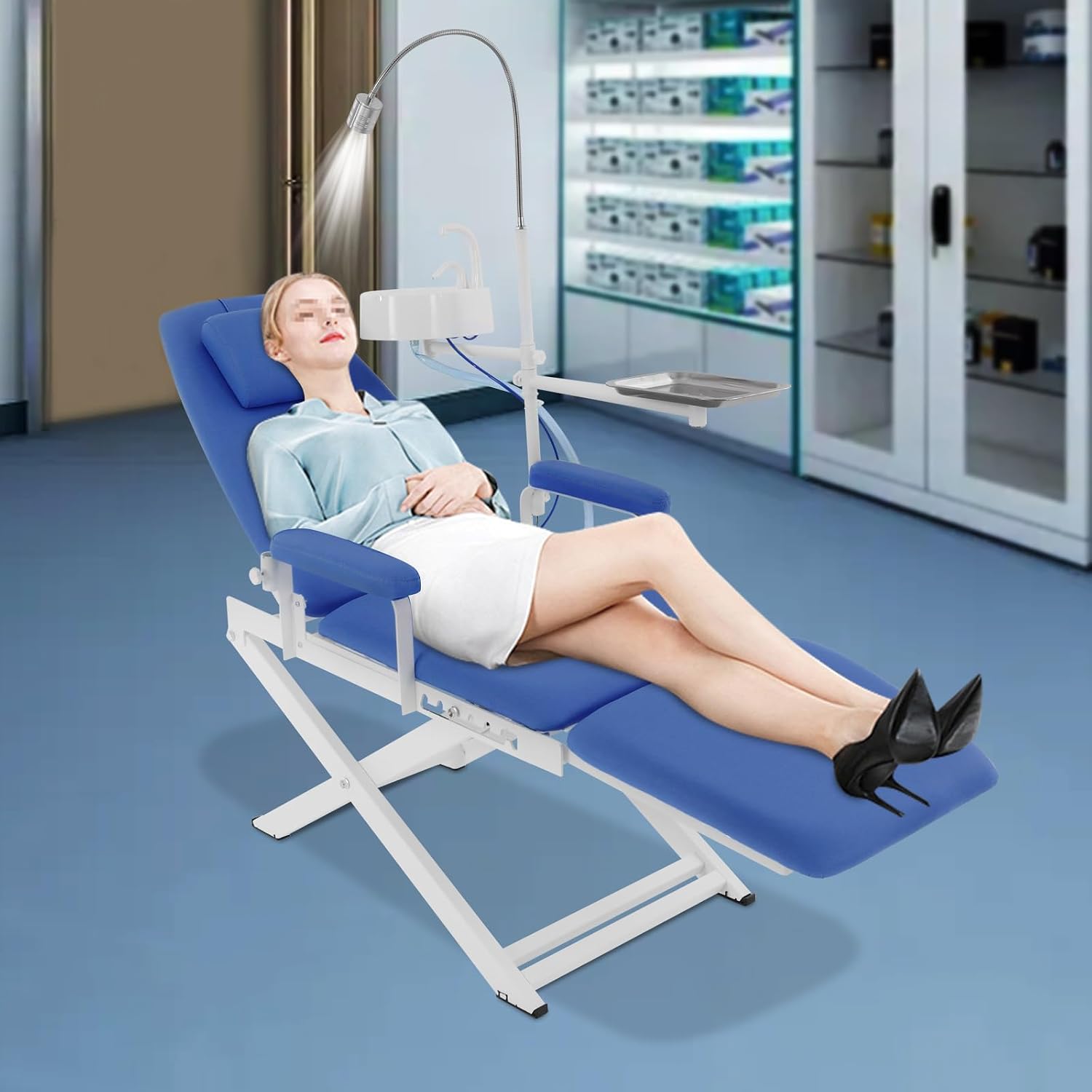Portable Dental Chair with Armrest, Blue Folding Patient Chair for Clinic Office Home Use, Lightweight Oral Exam Chair for Dentist & Veterinary (No Turbine)