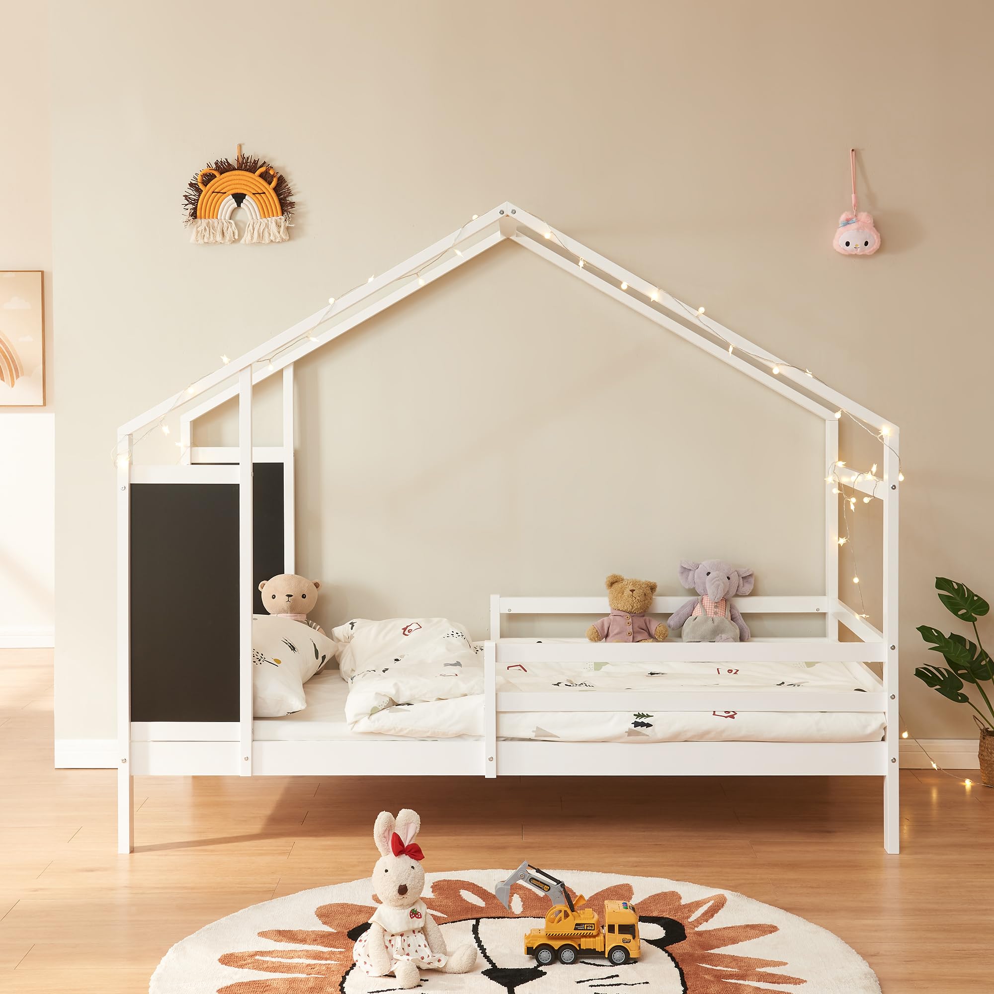 [en.casa] Cama Montessori Lorenskog en Forma de Casa Cama Infantil con Protección contra Caídas y Somier máx. 100 kg Madera de Pino 90 x 200 cm - Blanco