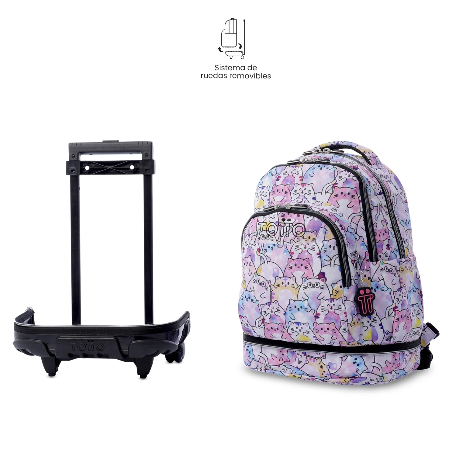 TOTTO - Mochila Escolar con Ruedas Desmontables, Modelo Tiza Glitter, Capacidad 26 L, Mochila PC 15.4", Bolsillo Botella, Manija Telescópica, Espaldar Ergonómico y Correas en S, Estampado Paws Rosa