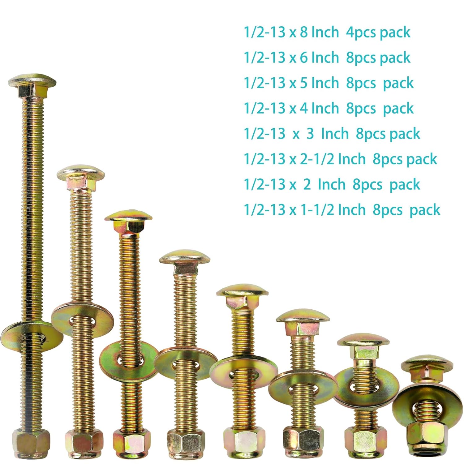 1/2" x 6" Carriage Bolt by Color Galvanization of Square Neck with Nylon Lock nut and Large Size Washer Assortment Kit,Carbon Steel,Grade 2.(8pcs Pack) by Metalsuberg