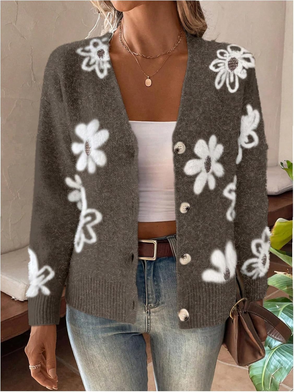 SHENHE Women's Floral Cardigan Sweater Open Front Long Sleeve Button Down Knit Sweater Outerwear - Image 5