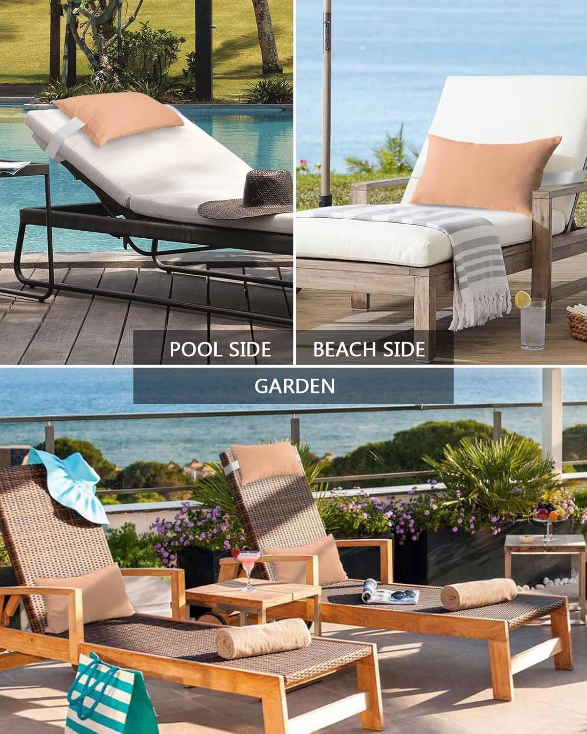 Lumbar Pillow Covers Set of 2, Peach Fuzz Waterproof Outdoor Chaise Lounge Pillow Covers with Elastic Strap, Modern Pure Peach Fuzz Headrest Pillowcase for Patio Recliner, 12 x 20