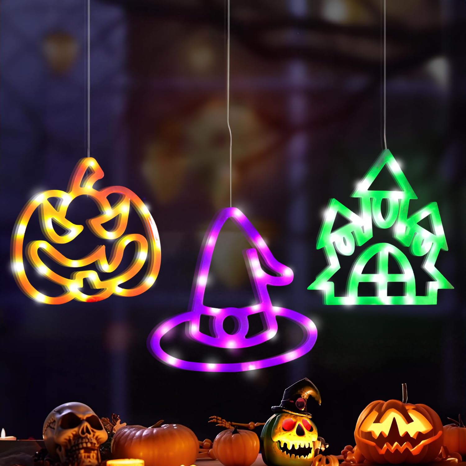 JPXHHalloween Decoration LED Light String Three Piece Set Orange Pumpkin, Green Castle, Purple Hat Suction Cup Atmosphere Window Hanging Light
