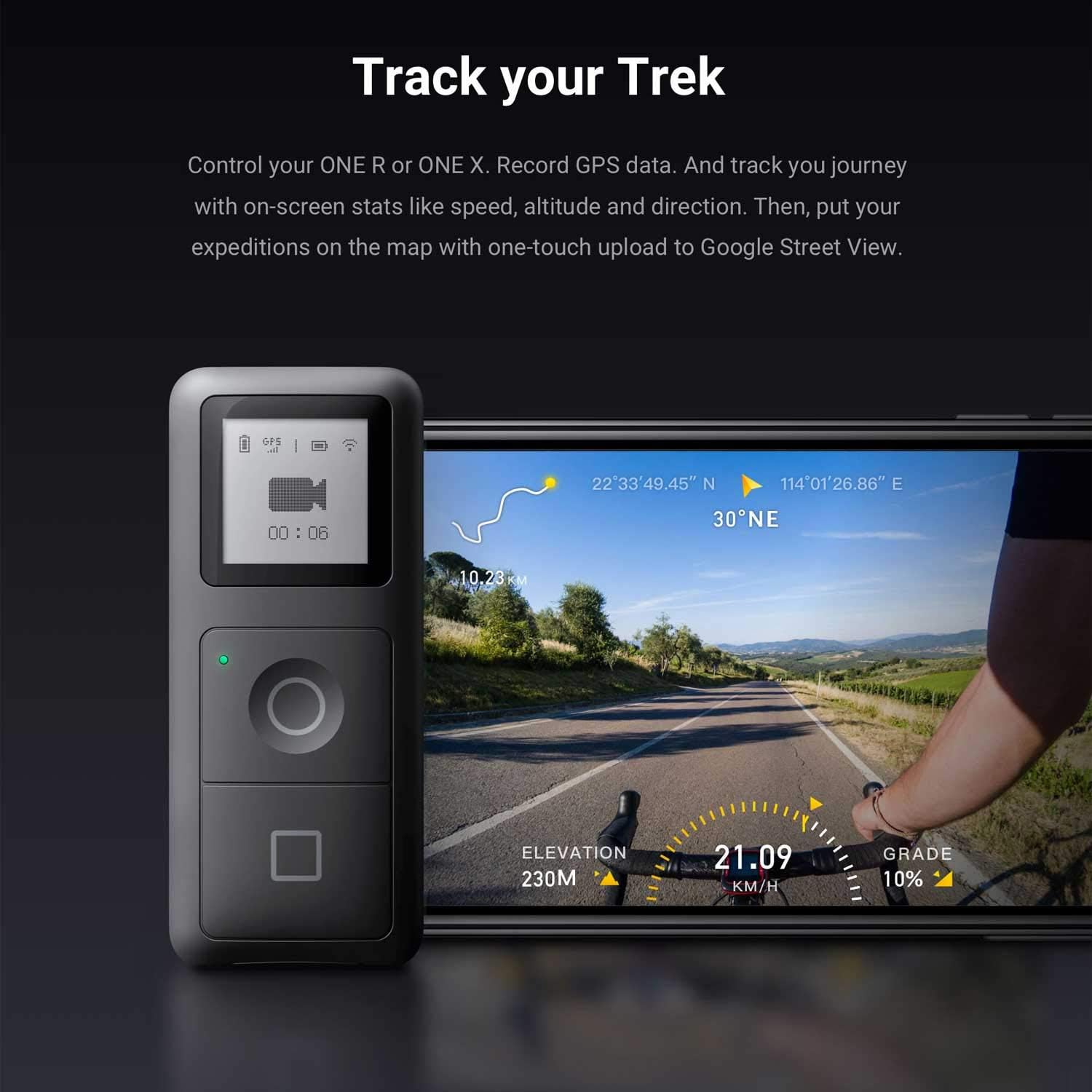 Insta360 GPS Smart Remote displaying GPS data alongside a smartphone screen showing a map overlay with speed and elevation.