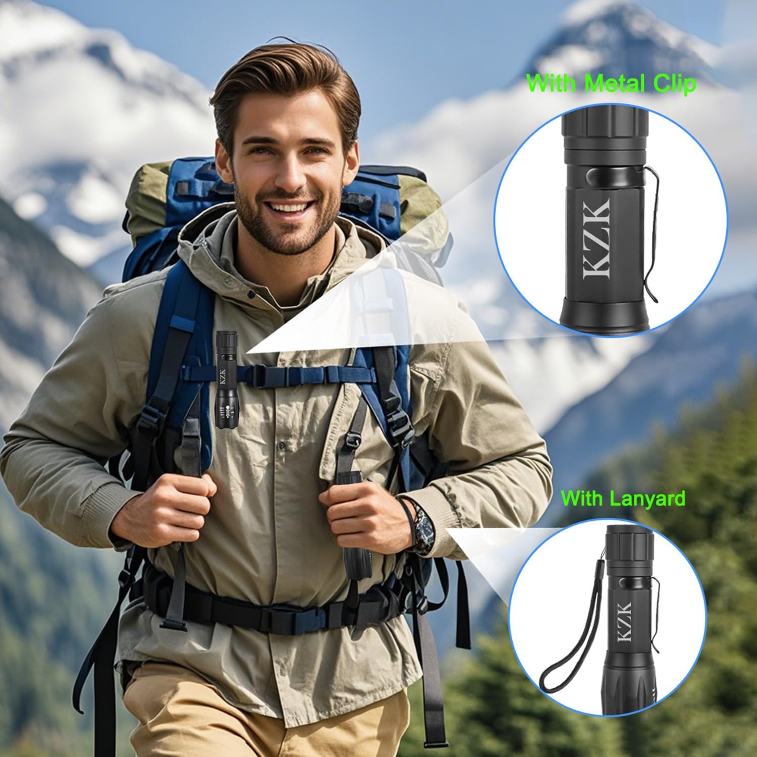 KZK LED Flashlight, Bright 2500 Lumens Tactical Flashlight, 5 Modes Zoomable Beam, Waterproof & Durable for Camping, Outdoor, Home Emergency （2 Pack）