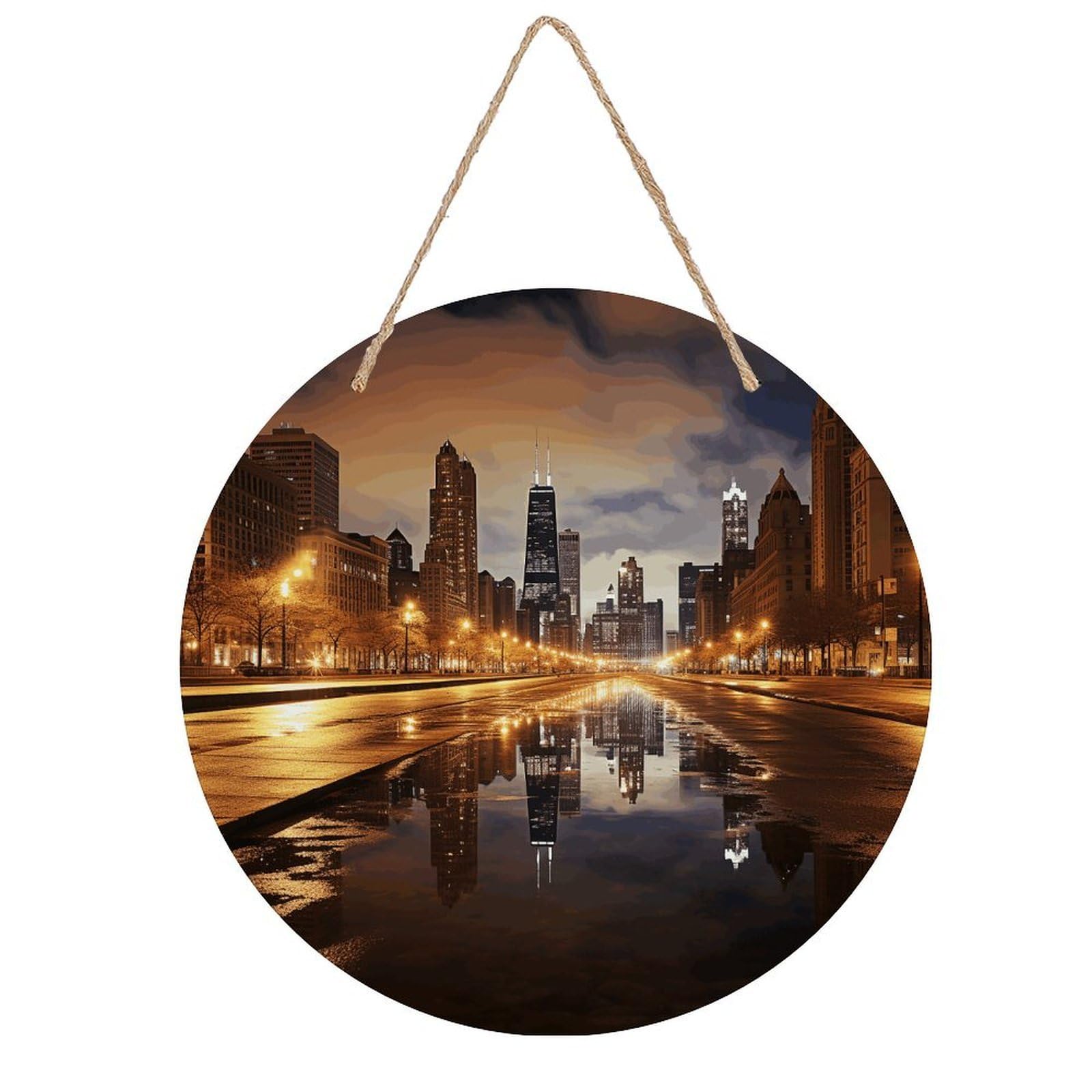 VstaDank Chicago Wooden Wall Art Decor Round Wood Plaque Wooden Door Hanger Sign with Hole And Hanger Rope Trend Wood Decorative Paintings for Home Outdoor Indoor 7.87 Inch
