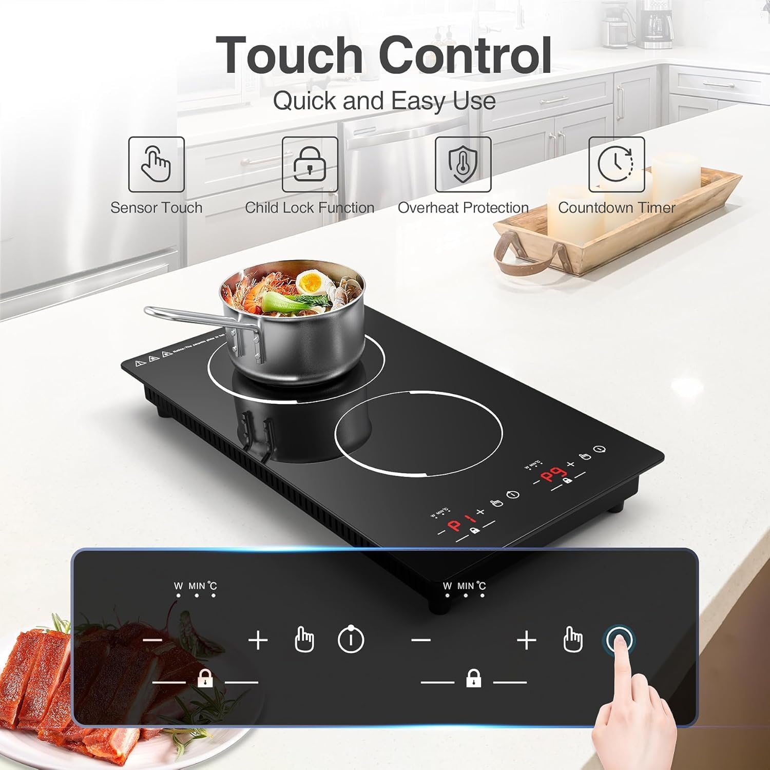 VBGK Double Induction Hob, 3000W Portable Induction Hob, Built-in Induction Cooker with LED Touch Display, 9 Power Level, 120 Mins Timer & Safety Lock, 220~240V, Black — view 8