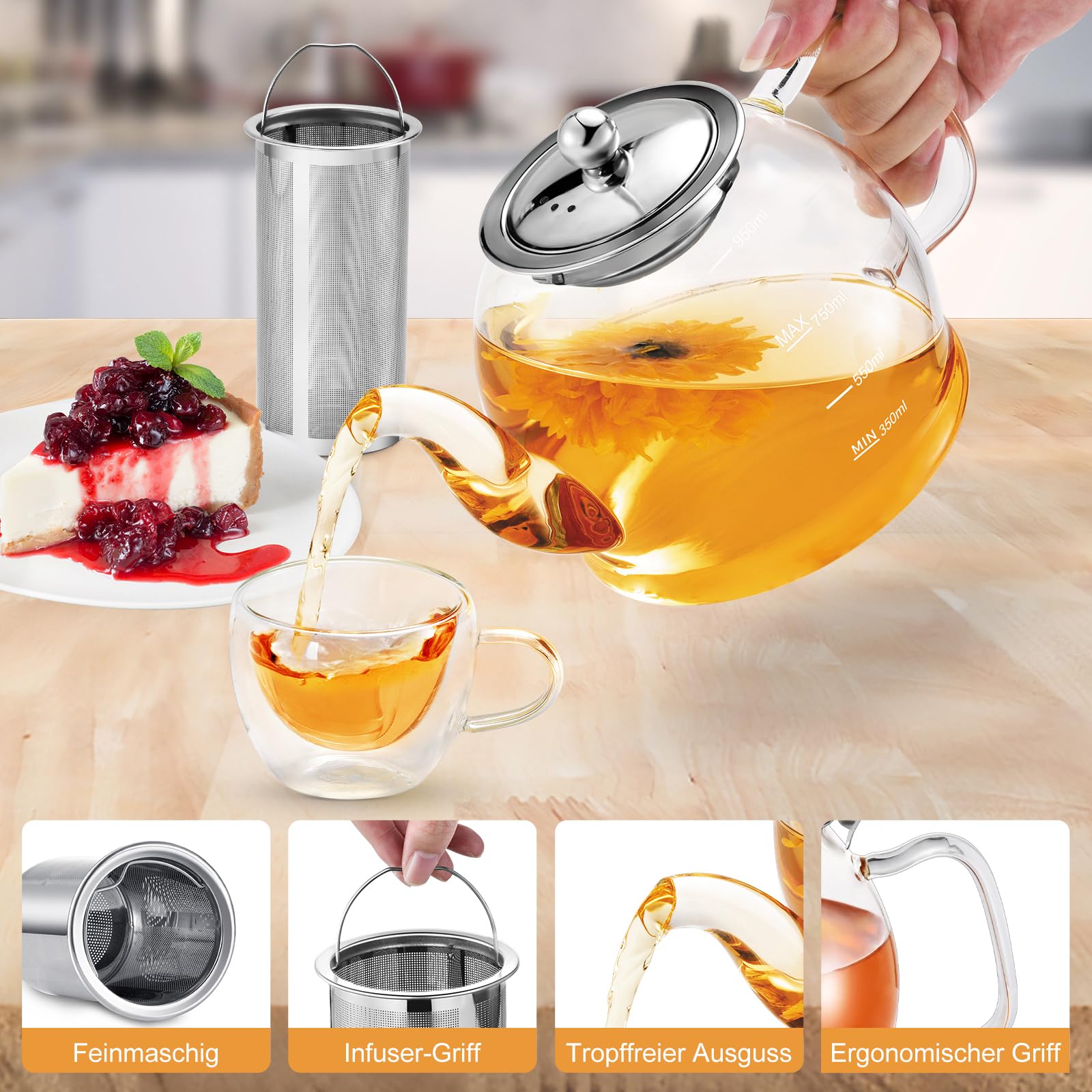 Teiera in Vetro Borosilicato da 1000 ml Con Setaccio e Colino - Servizio da Tè Con Uovo per Foglie Sciolte - Lavabile