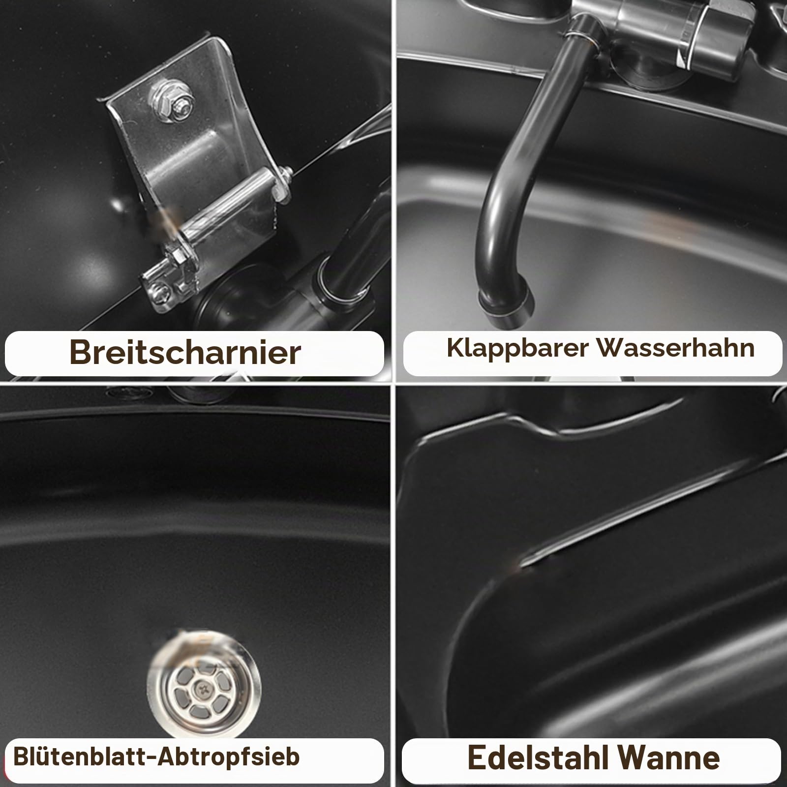 Camping Waschbecken mit Glasdeckel, RV Wohnmobil Spülbecken, Edelstahl 304, mit Ablaufgarnitur, Klapphahn Inklusive, für Wohnmobilanhänger, Yachten, 380 X 280 X 146 Mm, Schwarz