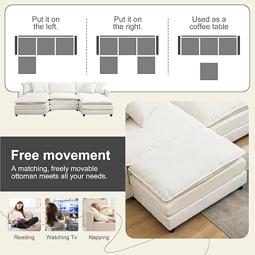 Miniatura 46 de Sofá modular modular de pana de 108.27 pulgadas para sala de estar con 3 asientos, 1 otomana y 3 almohadas, cómodos sofás de nube con otomana móvil,