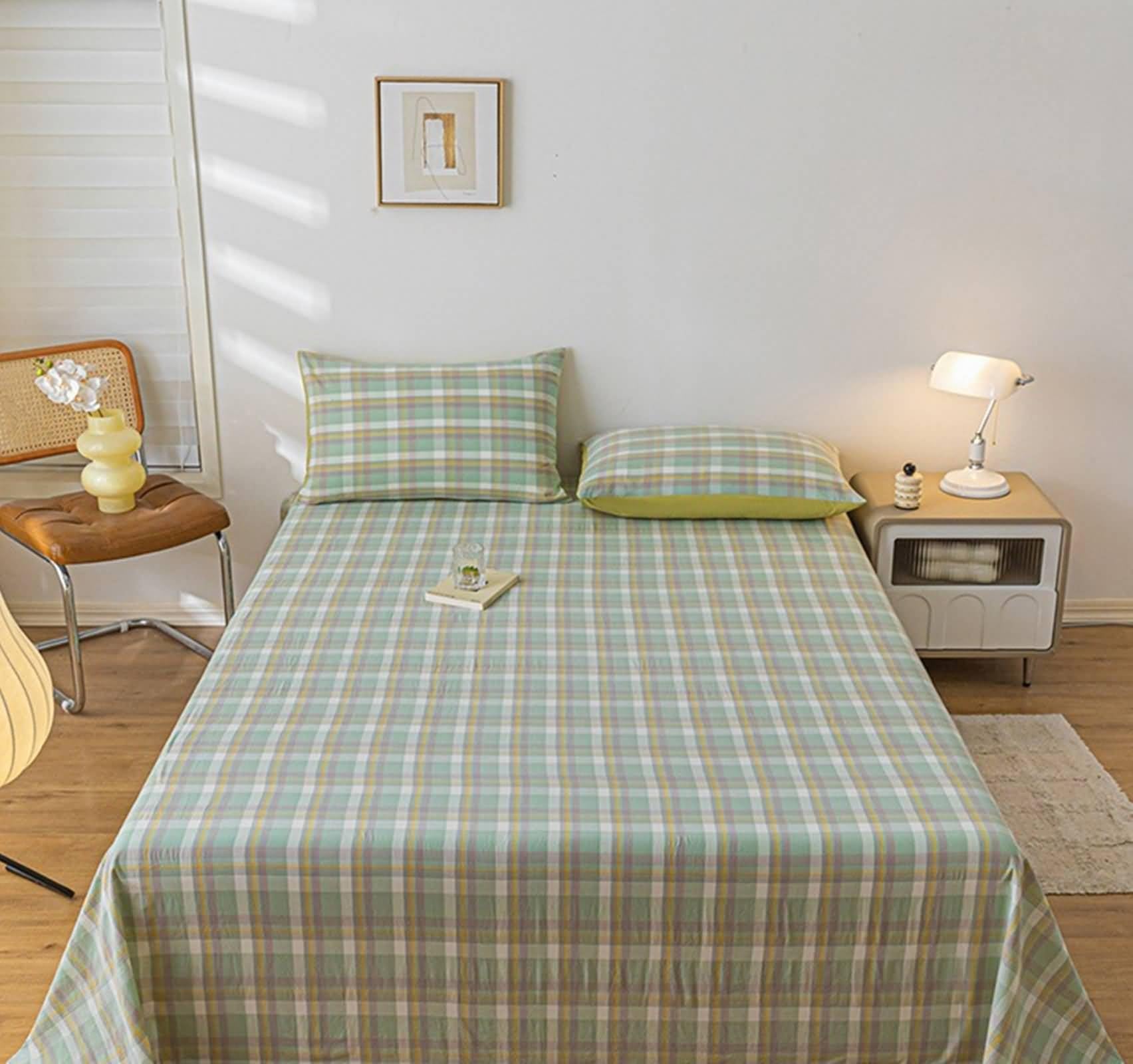 Sábanas de algodón, sábana vintage con patrón de celosía verde y amarillo con 2 fundas de almohada de 91 x 63 pulgadas