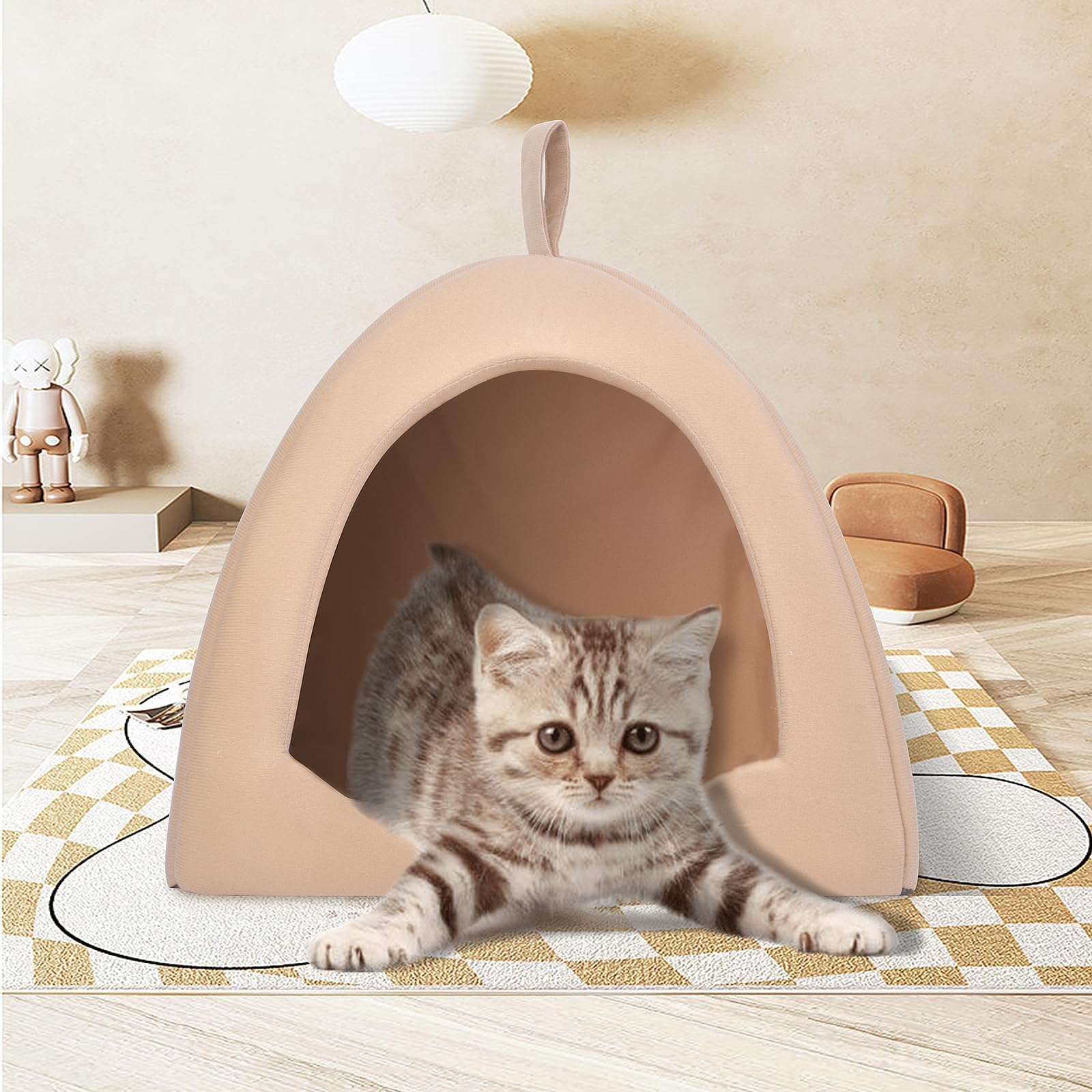 PISPETS Cat Cave House Pets Tent with Non-Deformable Elastic Fiber Frame and Removable Cushion for Your Feline Friends (Khaki)