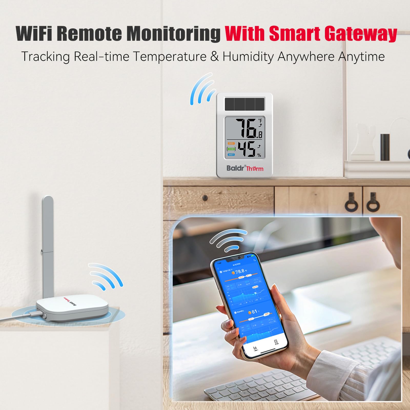BaldrTherm Termometro WiFi, termometro intelligente wireless, monitor della temperatura a distanza con gateway e sensore solare, copertura di 60 m, avvisi app, batteria di 12 mesi, indicatore di