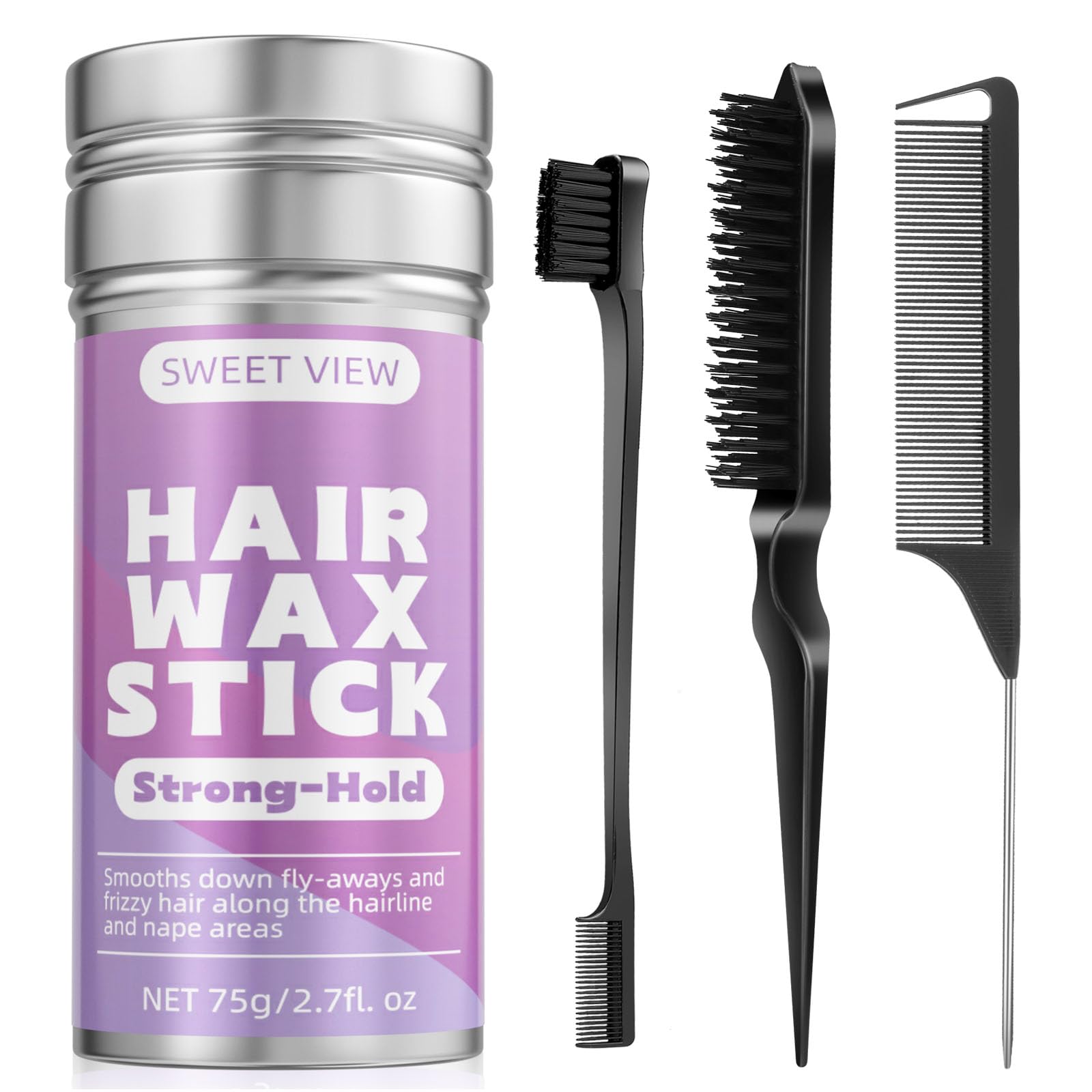 SWEET VIEW Hair Wax Stick & Slick Back Hair Brush for Tame Flyaways, Frizz, Sleek Ponytail, Buns | Pomade/Balm/Gel Stick for Woman, Styling Accessories for Girls, Kids