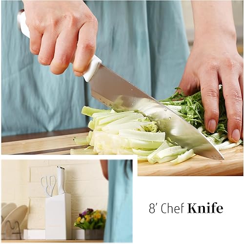 Miniatura 7 de Juego de cuchillos blancos con bloque, juego de 7 piezas de bloque de cuchillos pequeños con hoja de acero inoxidable mango ergonómico, juego de