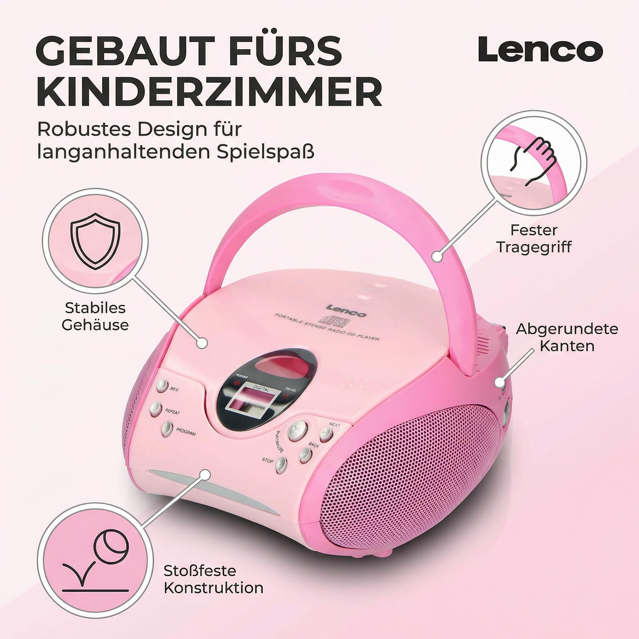 Lenco SCD-24 PINK - CD Player - Radio-CD Player - auch für Kinder - Tragbar | SCD-24 - CD Spieler - Stereo - LCD - Display - Kopfhöreranschluss - Batterie u. Netzbetrieb - rosa