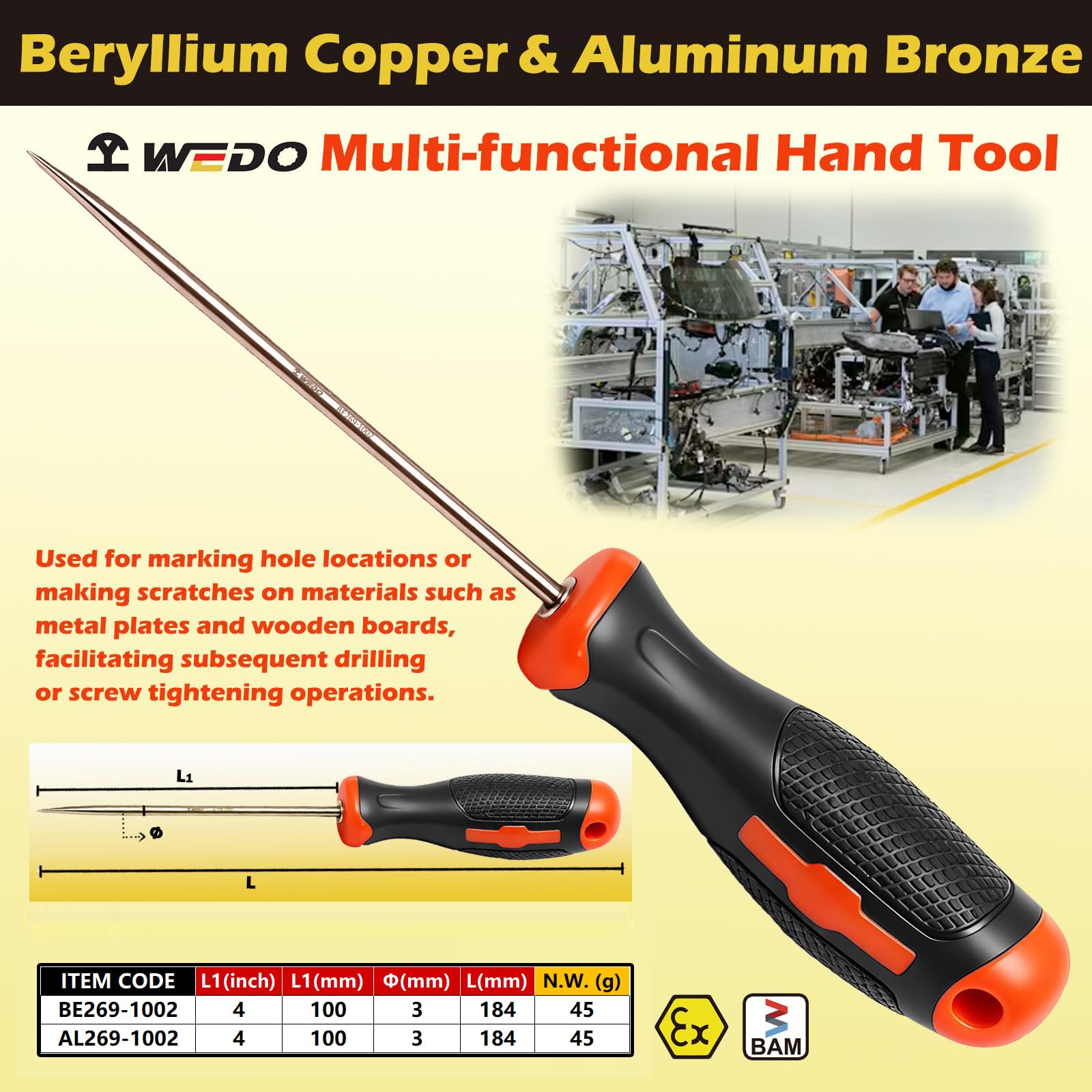 WEDO Herramientas de Punzón Sin Chispas, 2 Punzones de Costura con Mango de Fibra de Vidrio para Costura,Madera Rayada,Cuero,Punzón,Bronce de Aluminio,Estándar DIN,Certificado BAM y FM