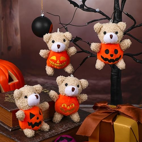 Miniatura 7 de Hiboom 32 piezas de oso de peluche de Halloween con disfraz de calabaza de 4.7 pulgadas, mini oso de peluche con cuerda para colgar, muñeca de oso