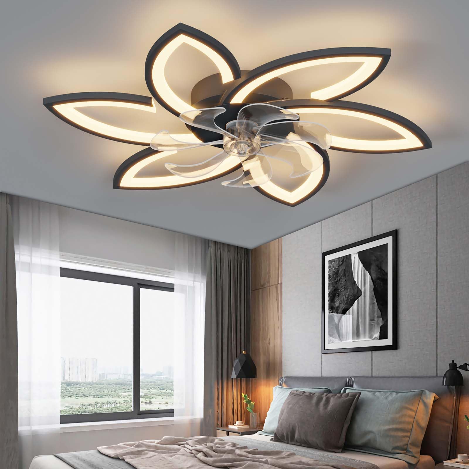 YUNZI Mute Ventilador de Techo con luz con Mando a Distancia, LED Regulable Lámpara de Techo Moderno Ventilador de Techo Iluminación para Salón Dormitorio, Ajustable 6 velocidades, Negro 78CM
