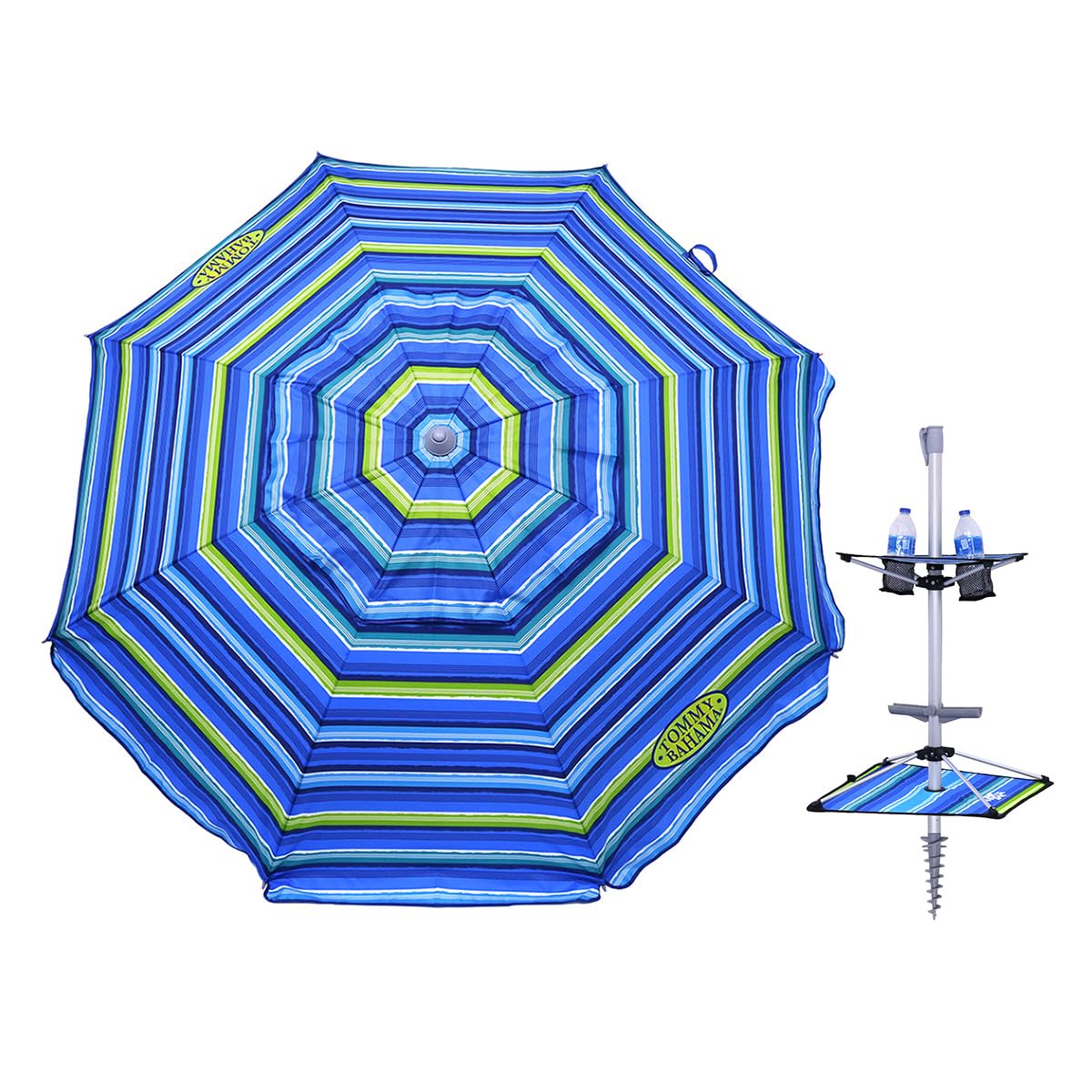 Tommy Bahama 7 ft Fiberglass Beach Umbrella for Sand with Integrated Anchor, Integrated Table, Telescopic Aluminum Pole, UPF 50+, Tilt