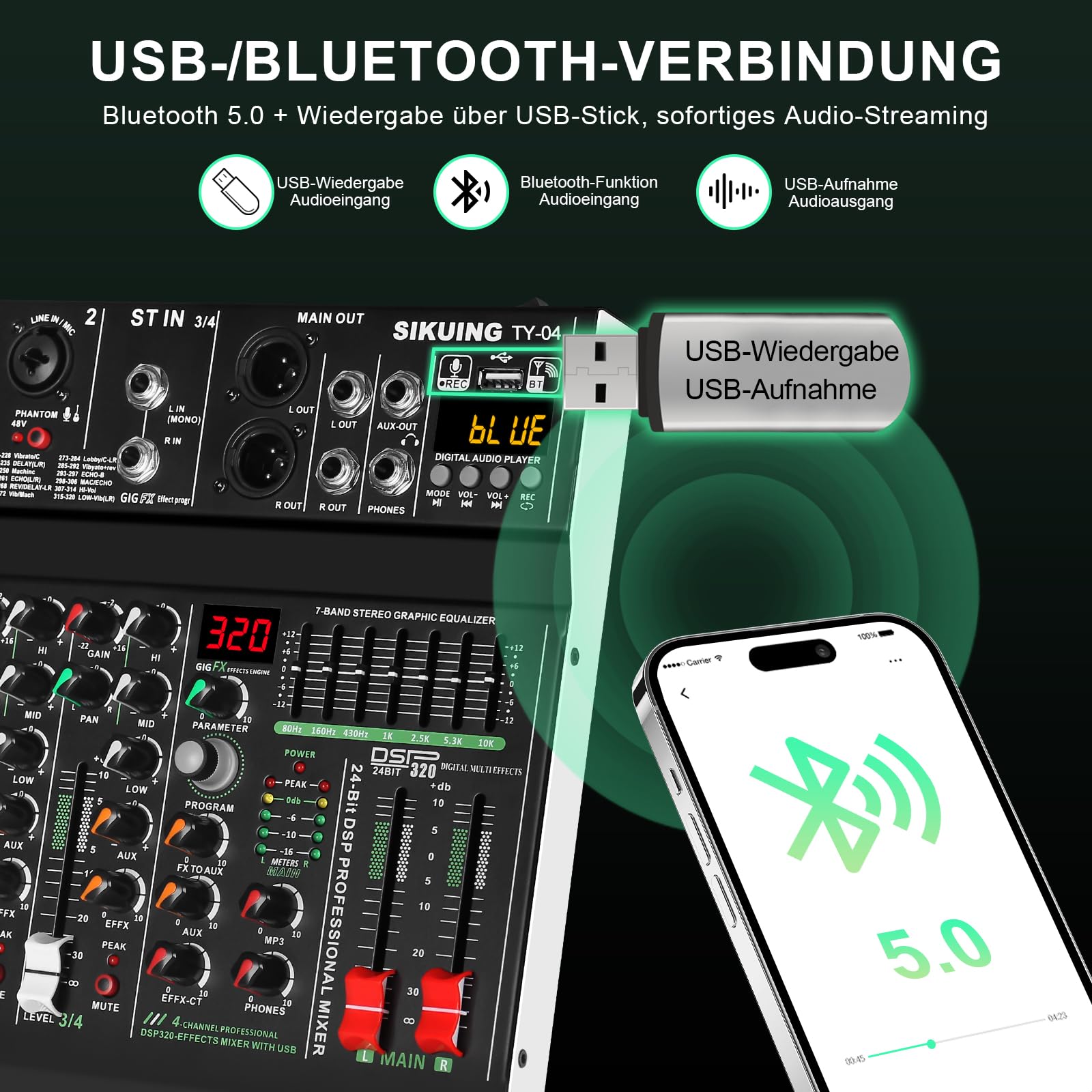 Mixer portatile a 4 canali, mixer audio professionale, 320 effetti DSP + equalizzatore a 7 bande, scheda audio Bluetooth + interfaccia USB, ideale per registrazioni PC, effetti karaoke studio e