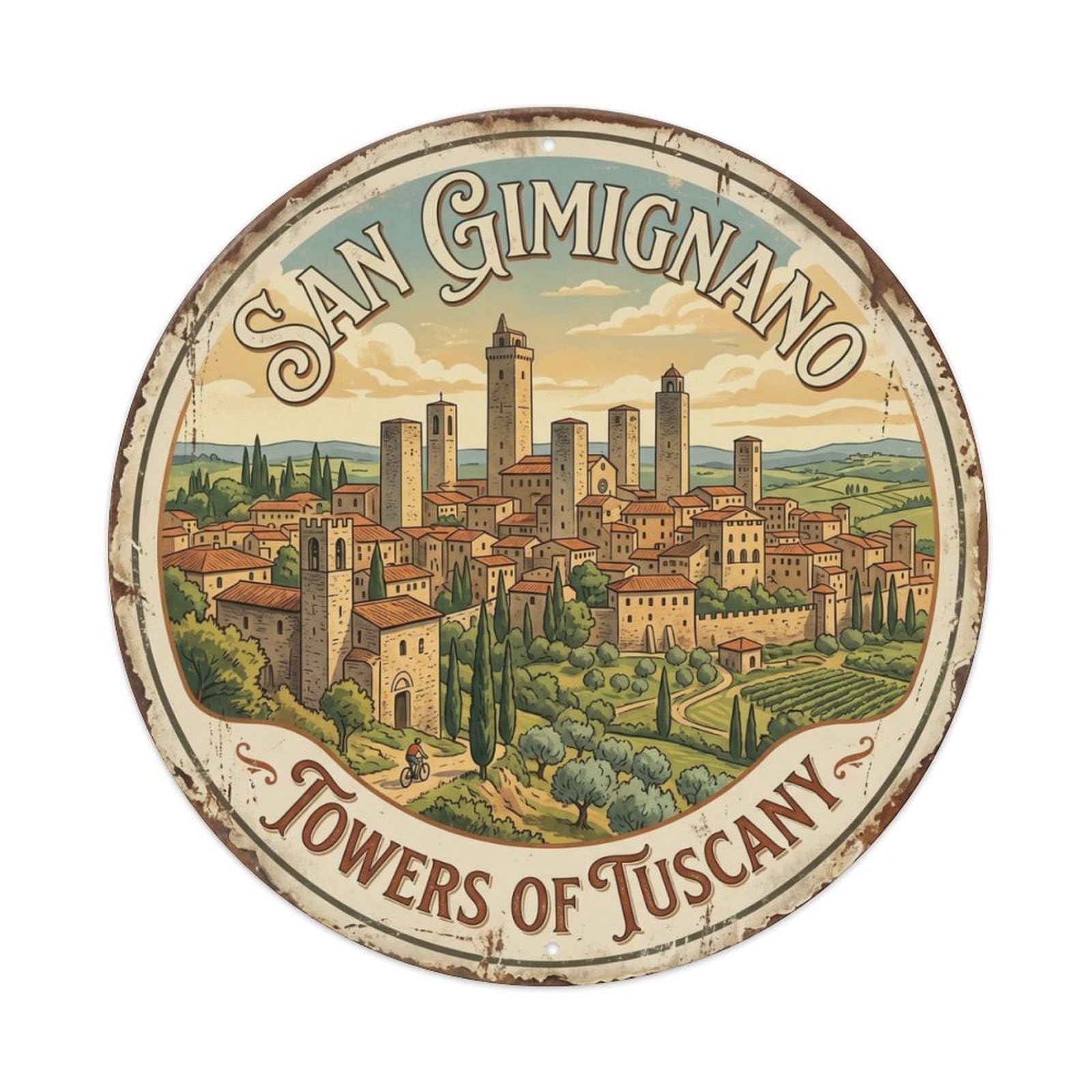 Vintage Travel Gimignano Towers Tuscany Metal Tin Sign Plaque Wall Decor for Cafe, Club, Garden Round Metal Poster 8x8Inch