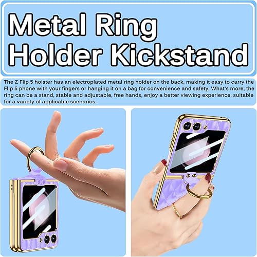 Vista 30 de Miimall Funda de piel compatible con Samsung Galaxy Z Flip 5 5G 2023 con soporte de anillo de metal, [a prueba de golpes y caídas] Funda protectora