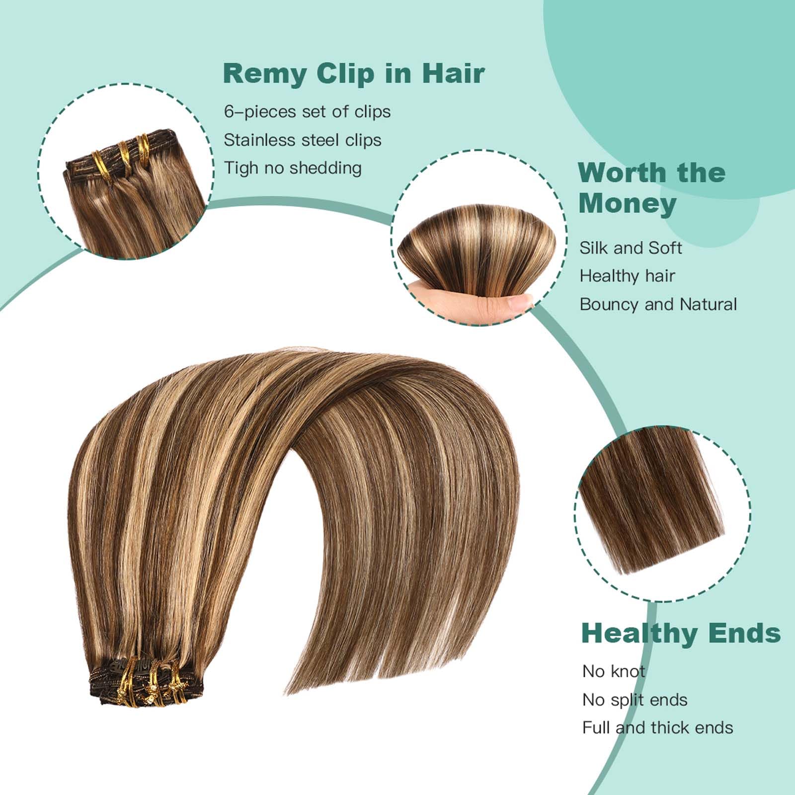VINBAO Extension Capelli Veri Clip 120g 45cm Marrone Cioccolato Misto Biondo Scuro Clip Extension Capelli Veri, 6pcs Clip Capelli Veri Lisci Estensioni Dei Capelli Umani Reali (#4P27, 18'')