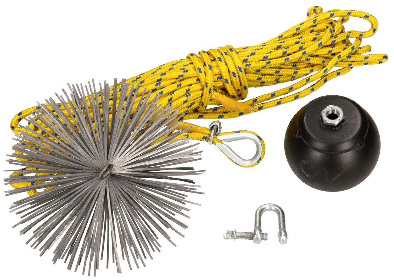 KOTARBAU - Set scopa per camino, tutte le dimensioni, in acciaio INOX, con corda di traino, asta flessibile e spazzola per camino