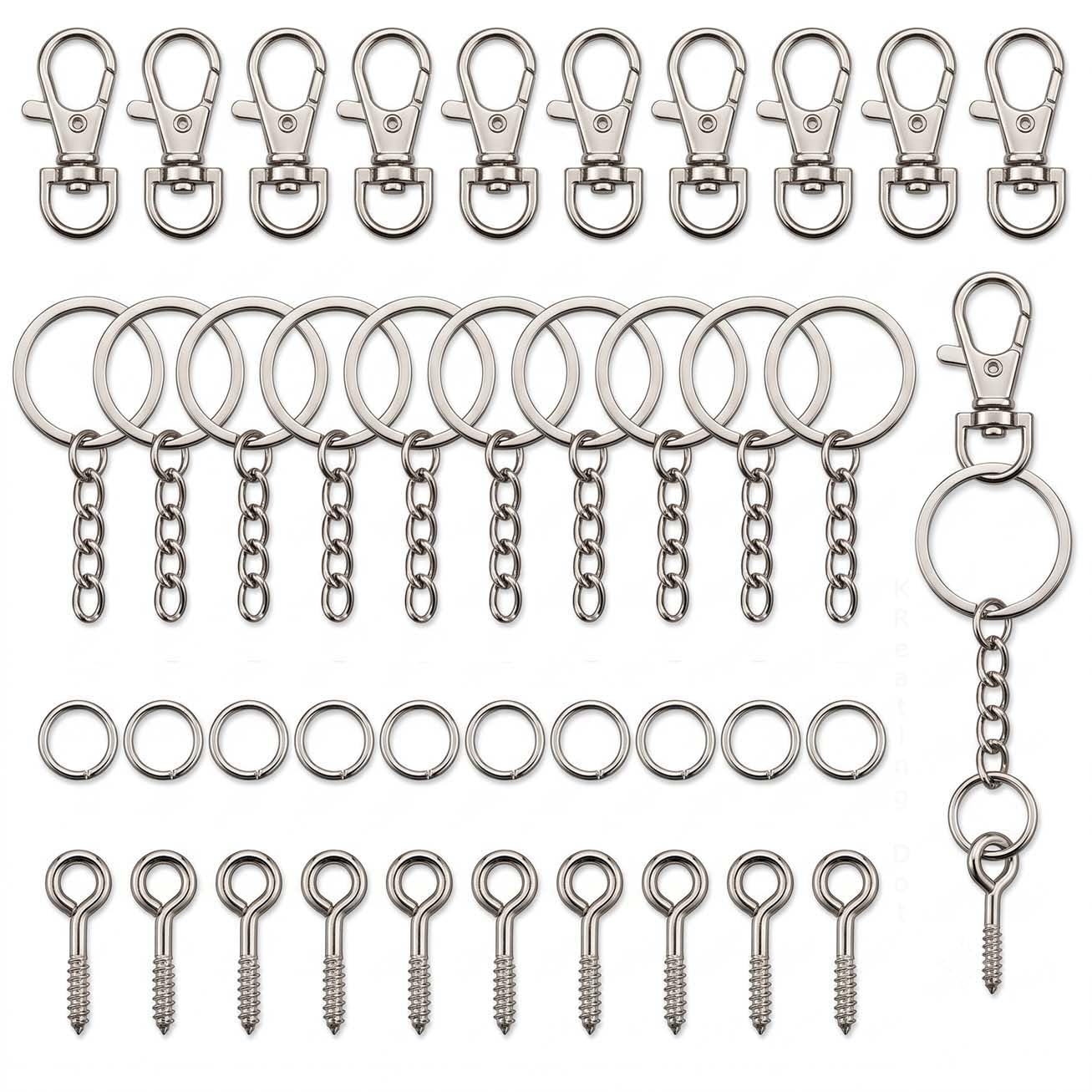 KReating Dot | Premium Set of 4 | 10 Large Swivel Lanyard Clasps, 10 Flat Keychains, 10 Jump Rings and 10 Nickel Screw Eye Pins | Useful for Crafts & DIY Projects (KRB-Set4-10)