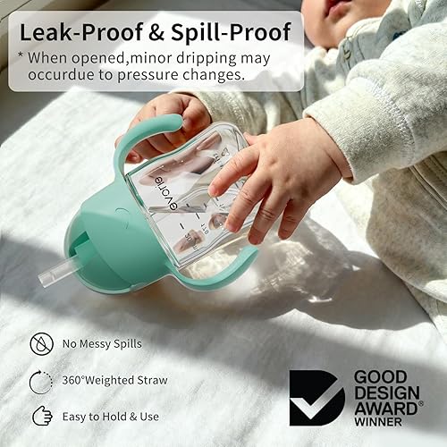 Miniatura 2 de Evorie Tritan - Vaso para beber con popote con peso con asas para bebés y niños pequeños, botella de agua a prueba de derrames con popote para 6
