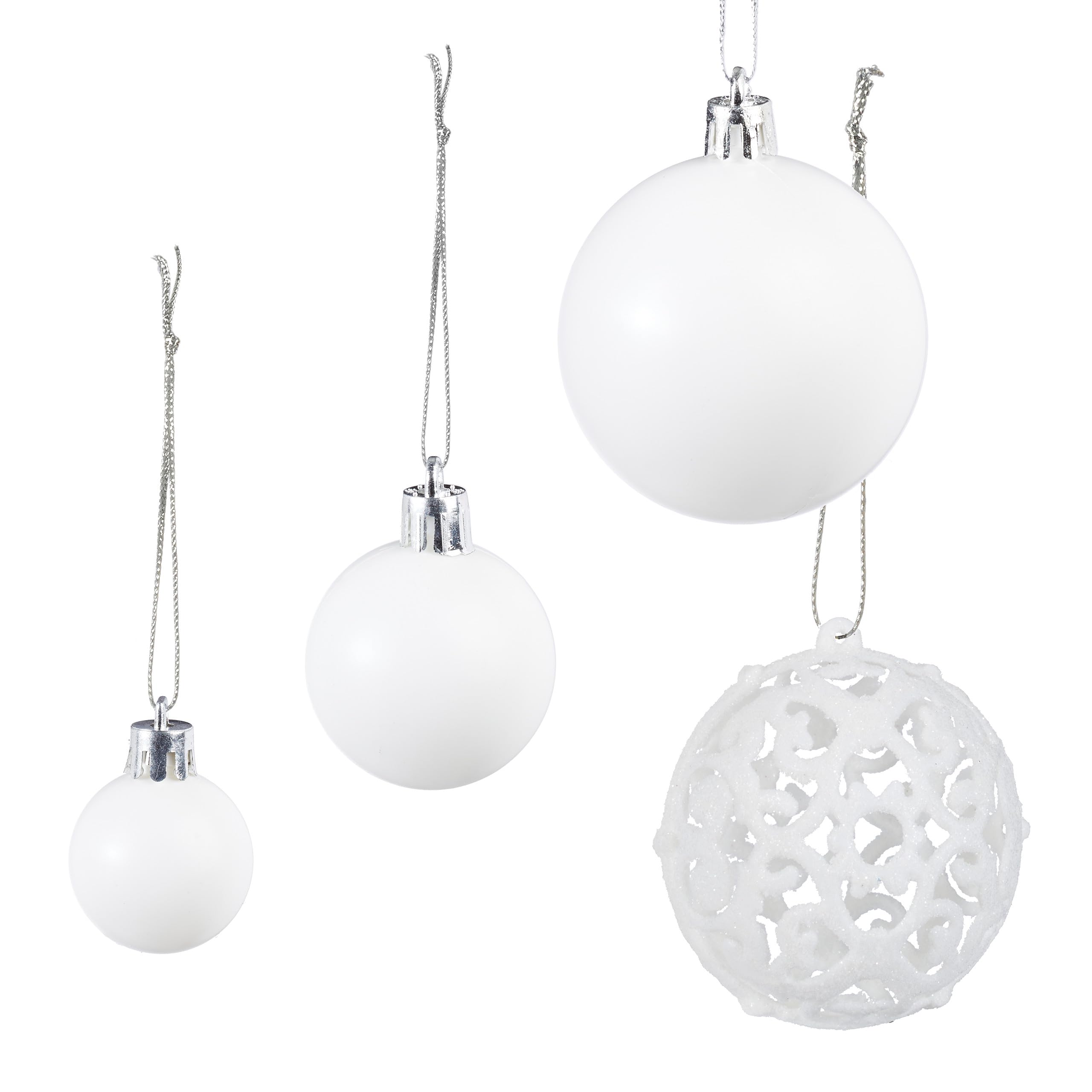 Relaxdays Palline di Natale, Set da 50, Addobbi Natalizi, Opache, Lucide, Glitterate, ∅ 3,4 e 6 cm, Decorazioni, Bianco