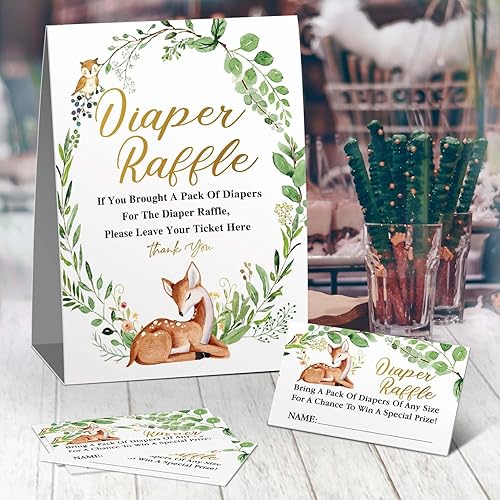 Miniatura 2 de skuhyyg Cartel de sorteo de pañales, juego de decoración de juego de baby shower (1 letrero + 50 tarjetas), entrada de inserción de animales del