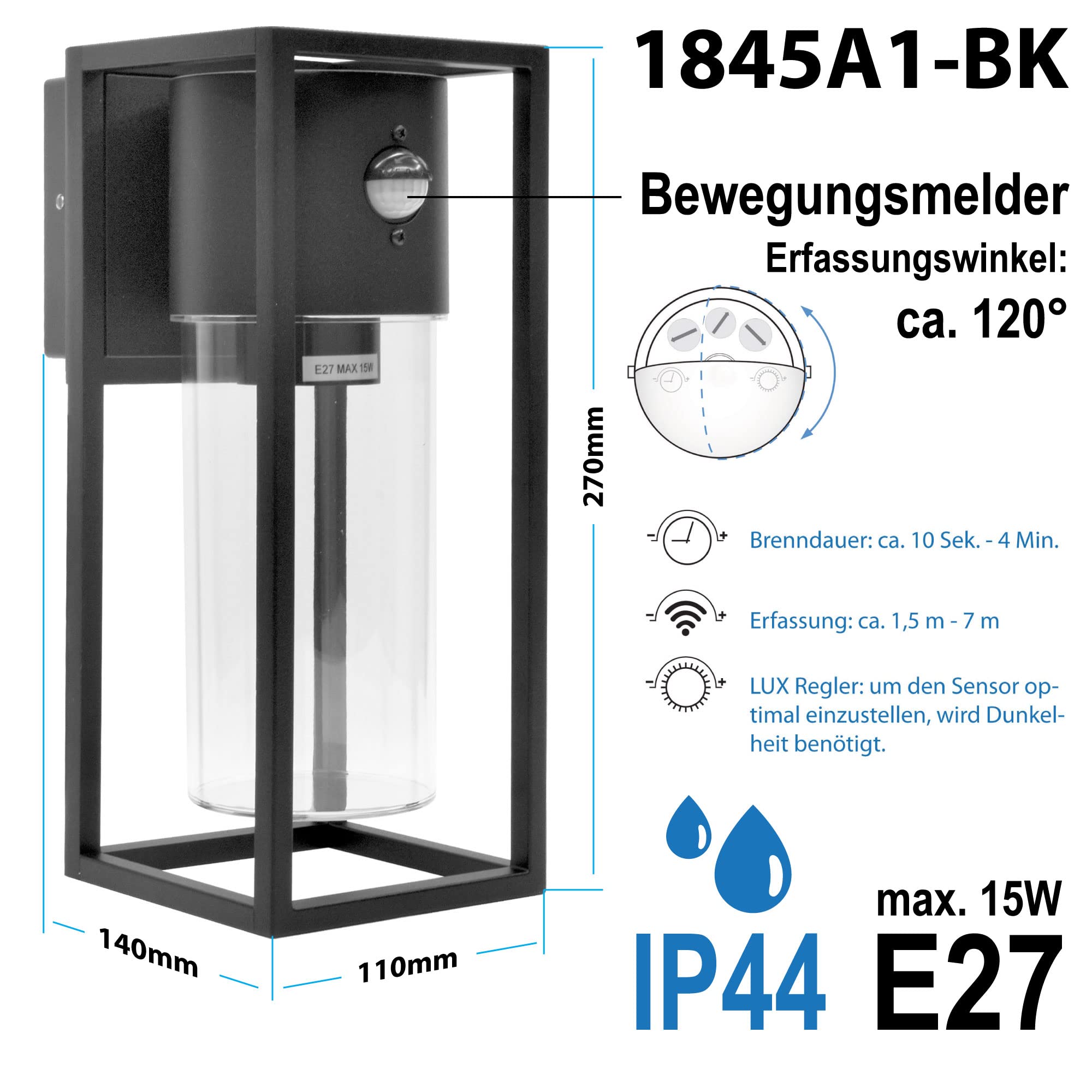 Maxkomfort Außenwandleuchte Wandlampe Außenleuchte E27 mit Bewegungsmelder Schwarz IP44 Beleuchtung Garten Sensor moderne Wandleuchte aus Aluminium 1845A1