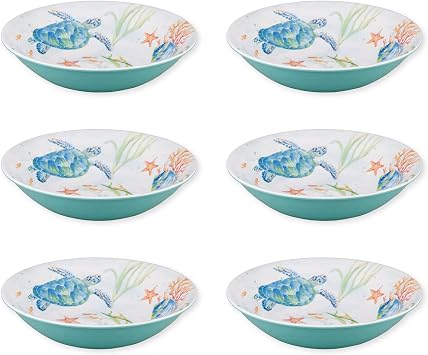 UPware Sea Life Serenade Melamine Bowl Set, Round Bowls for Pasta, Rice, Soup, and Salad, BPA-Free, Dishwasher Safe, Shatter-Proof, Blue, 8 Inch, Set of 6