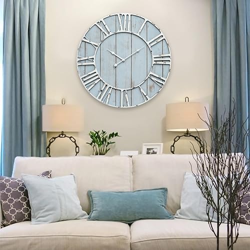 Reloj de pared grande de madera azul vintage de 24 pulgadas con tictac silencioso y números romanos minimalistas para dormitorio, sala de estar,