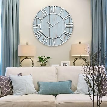 EMAX HOME Large Farmhouse Wall Clock 24 Inch Vintage Blue Wooden Wall Clock with Quiet Ticking and Minimalist Roman Numerals for Bedroom Living Room Office Kitchen Home Decor, Battery Operated