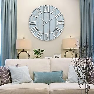 Large Farmhouse Wall Clock 24 Inch Vintage Blue Wooden Wall Clock with Q...