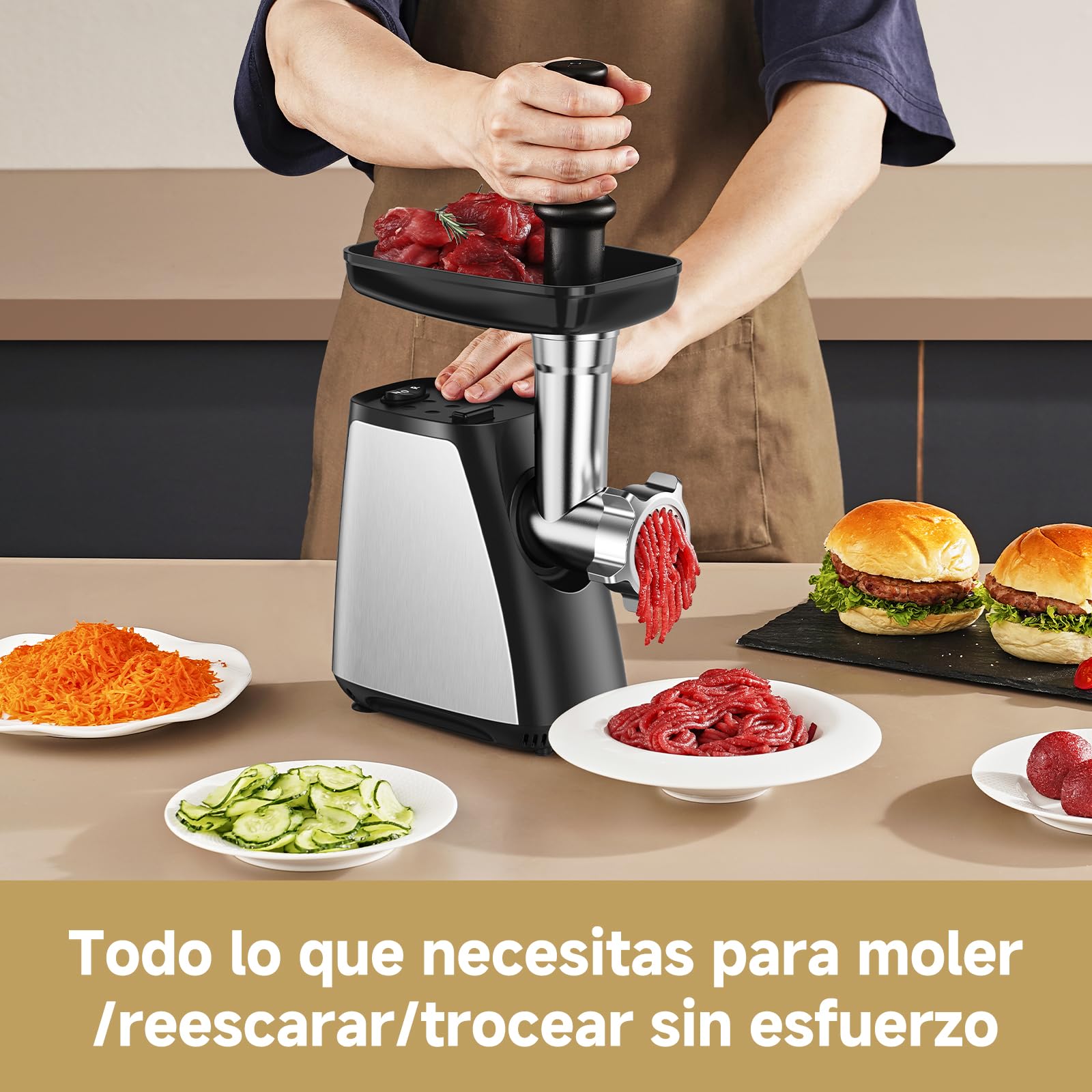 AAOBOSI Picadora de Carne, 4-En-1 Picadora de Carne Eléctrica [2800W Max] con 3 Cuchillas para Cortar, 2 Cuchillas para Desmenuzar, 3 Platos, Rellenador de Salchichas, Kit Kubbe, Acero Inoxidable