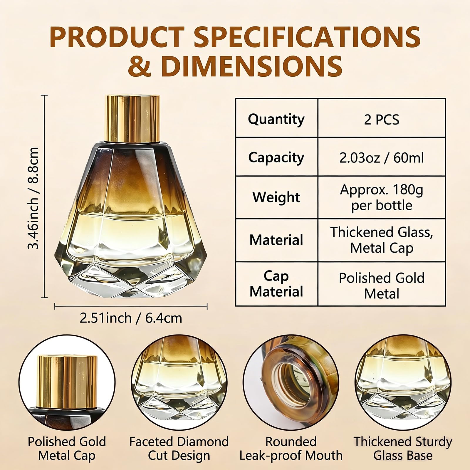 Lot de 2 flacons diffuseurs vides Rechargeables en Verre de 60 ML pour aromathérapie, Parfum, Accessoires de Rechange pour décoration d'intérieur et de Salle de Bain