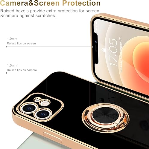 Miniatura 5 de Funda para iPhone 12 con soporte giratorio de 360 para el dedo, soporte magnético chapado en oro brillante, borde chapado en oro para mujeres y