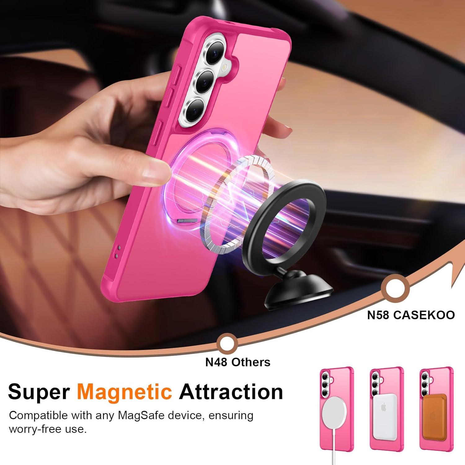 360° Magnetic Swivel Ring for Samsung S26 case, Built-in Metal Stand and Ring Holder, Magsafe Compatible, Military Grade Protection, Shock and Vibration Resistant- Rose Pink