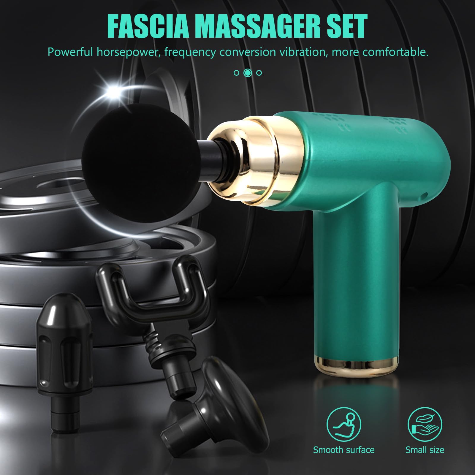 Elektrisches Kleiner Muskelmassagegerät 1 Satz, 6-stufig, Grün | Abs Gehäuse, 1200mah Akku, 25w Leistung, Vier Aufsätze, nach Sport und Yoga