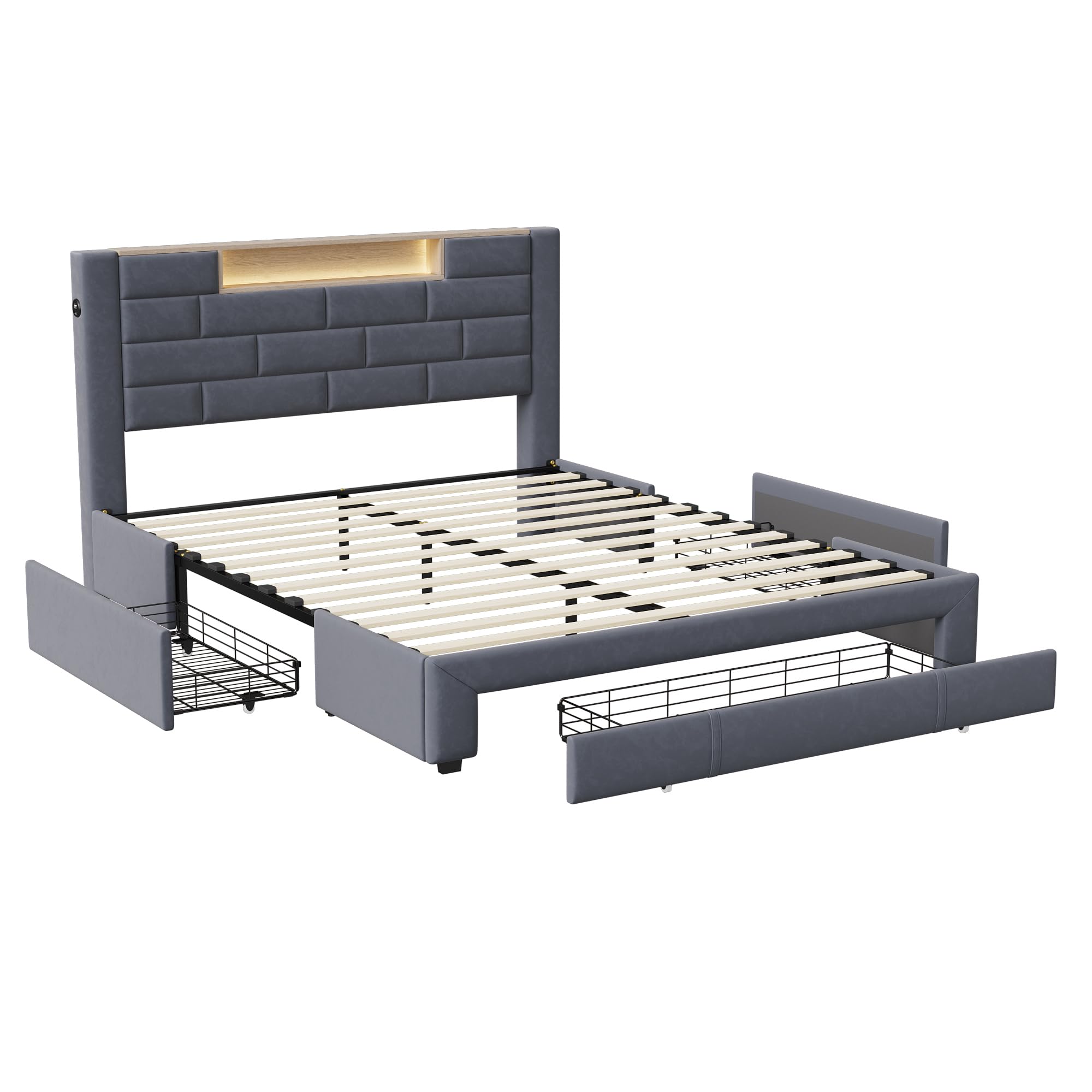 Podwójne łóżko z 3 szufladami, łóżko 160 x 200 z miejscem do spania LED i USB, łóżka z szufladami dla dorosłych i młodzieży, zagłówek z miejscem do przechowywania, łóżko tapicerowane, nowoczesna