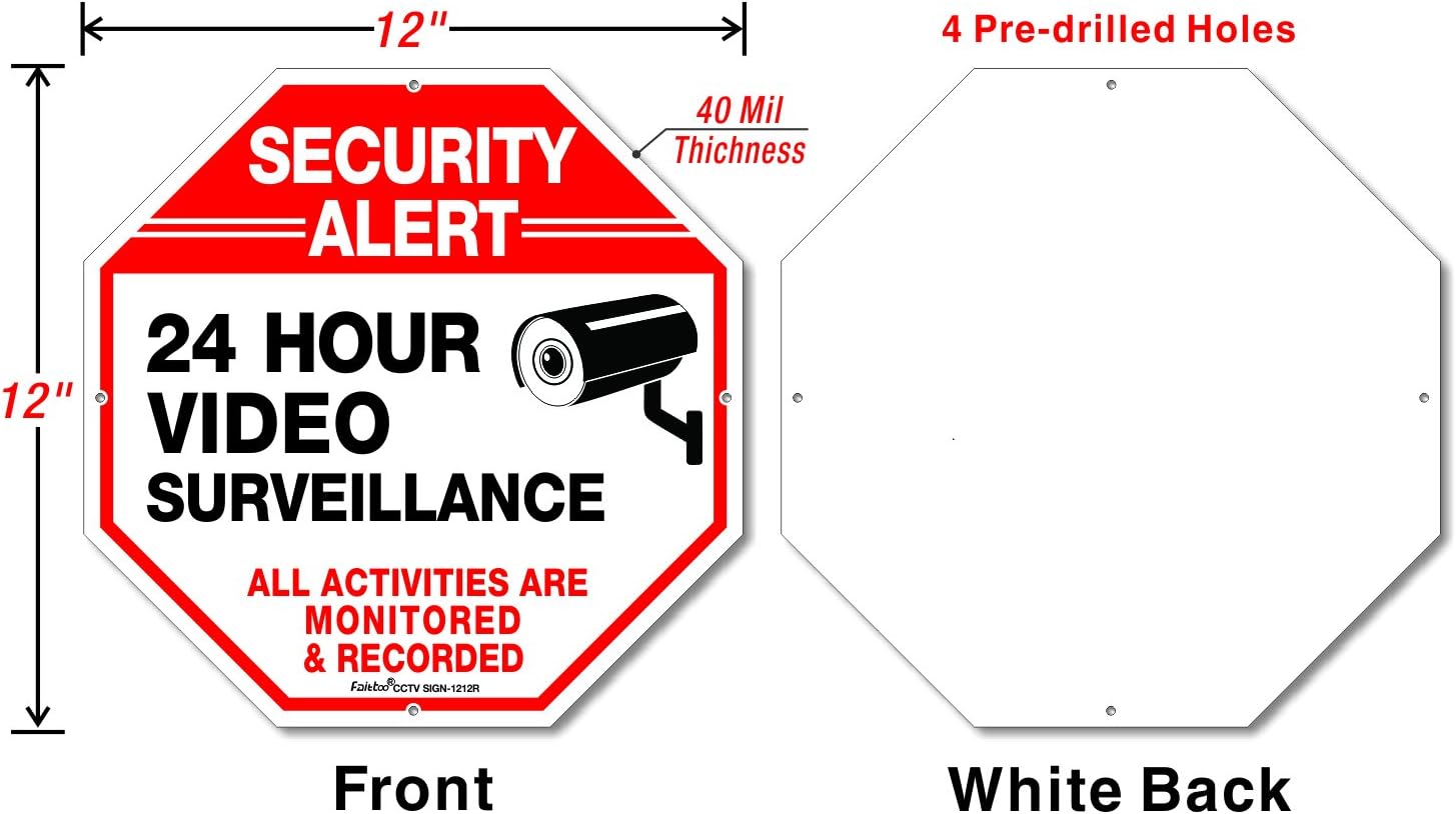 Video Surveillance Signs, Security Signs,Octagon 12 x12 Inches 40Mil Thick Aluminum Reflective sign for Home Business CCTV Security Camera, UV Protected & Waterproof, 4 pack