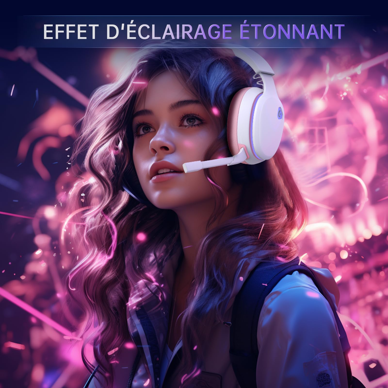 Gvyugke Casque Gaming sans Fil, Casque Gamer 2,4 GHz pour PC/PS5/Switch, Casque Gaming PS5 avec Transducteurs 50mm, Microphone Anti-Bruit, Casque PS5 avec Son Surround (Rose)
