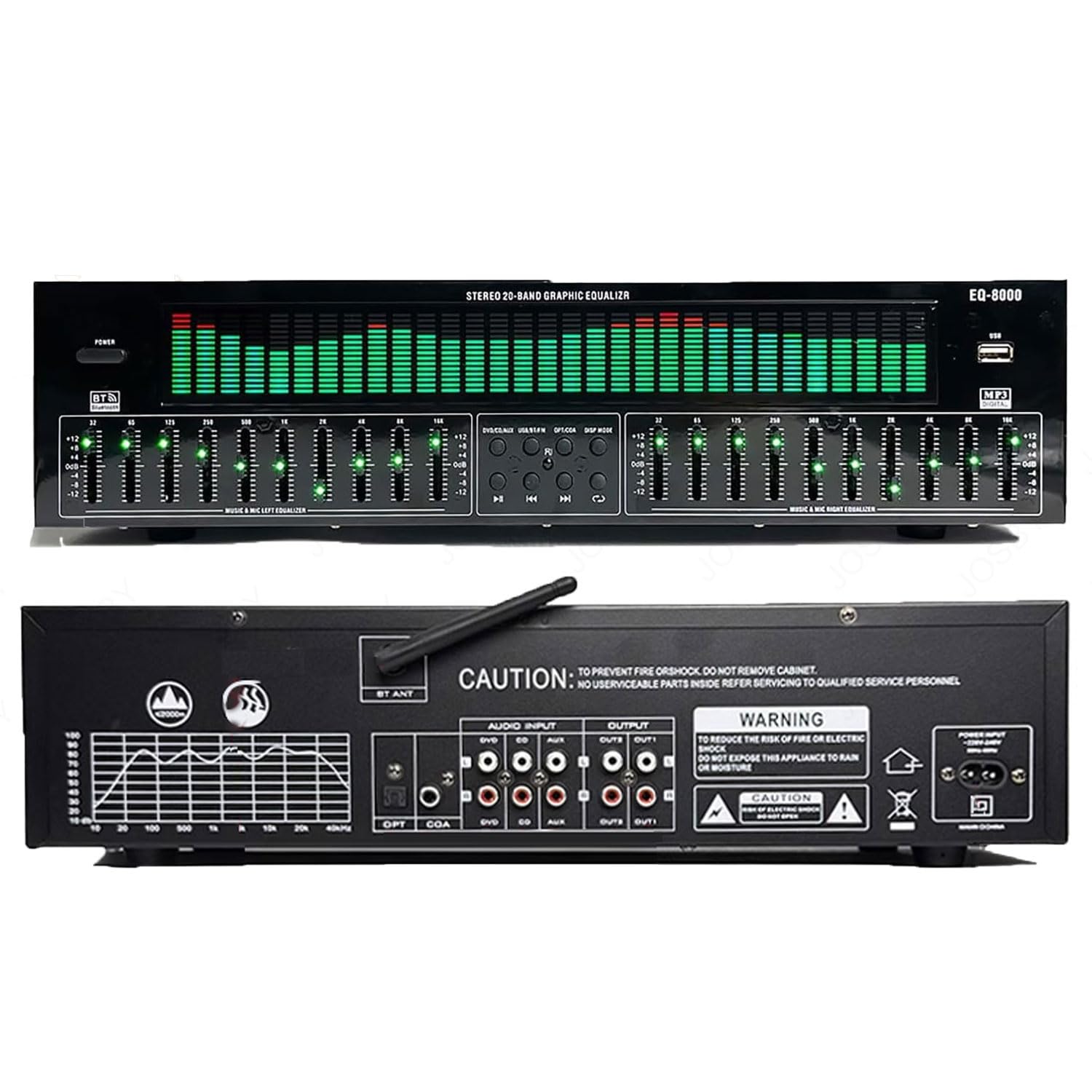 Professioneller EQ-Equalizer, 31-Band-Stereo-Grafik-Equalizer, mit Fernbedienung und Audiokabel, 12 Rhythmusmustern, automatischer Rauschunterdrückung, unterstützt Bluetooth/U-Disk-Wiedergabe, für Bar