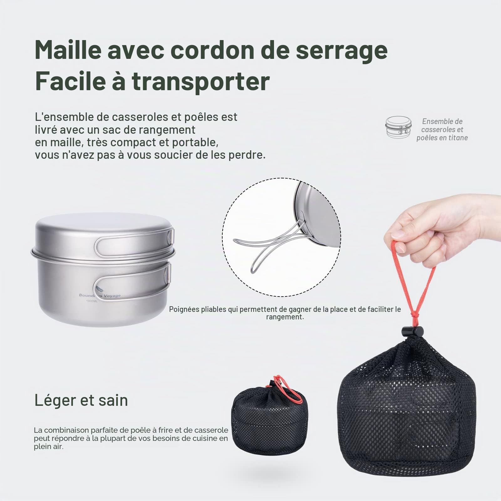 iBasingo Ensemble de Poêles en Titane Kit de Cuisine de Camping Ustensiles de Cuisine de Randonnée de Voyage Ensemble D'assiettes pour Bols de 1000ml et 500ml pour 1 Homme Ti2042C