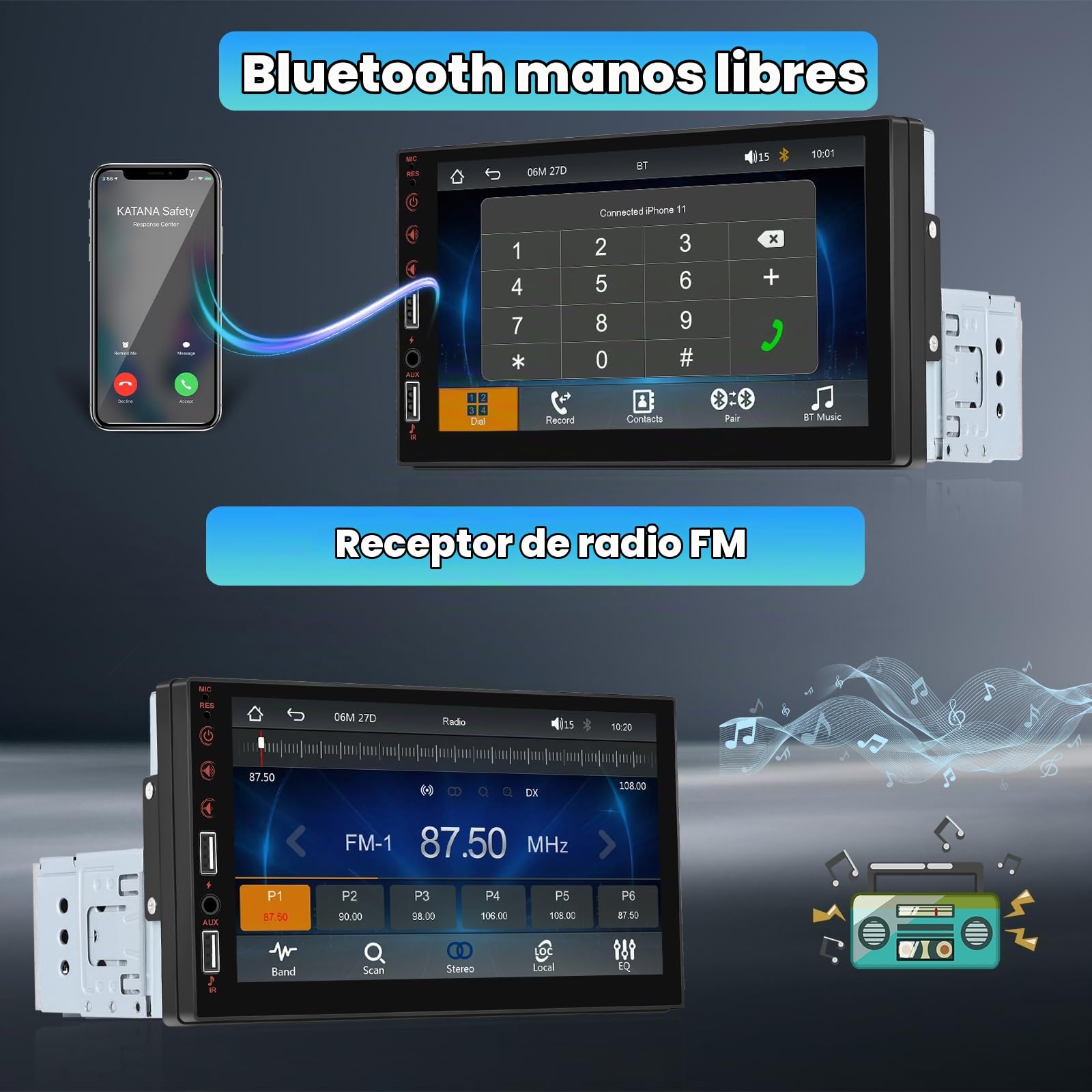 Inefala 1 DIN Radio Carplay con Mic+Cámara Trasera+Mandos a Distancia, 7 Pulgadas Pantalla Táctil Radio de Coche Bluetooth con Android Auto Mirror Link FM Radio USB SWC